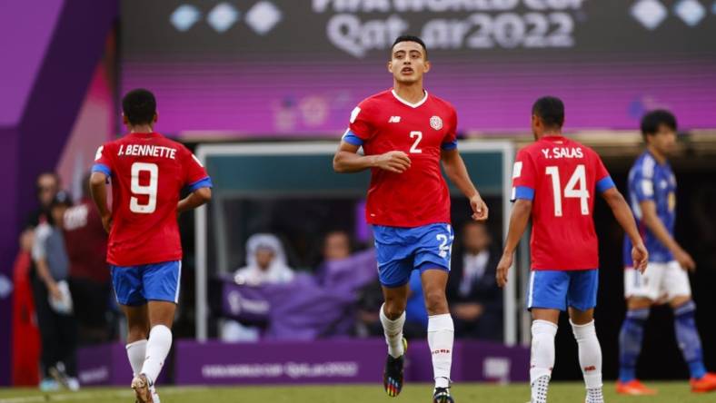 Nov 27, 2022; Al Rayyan, Qatar; Costa Rica midfielder Daniel Chacon (2) on the field during a group stage match against Japan during the 2022 World Cup at Ahmad Bin Ali Stadium. Mandatory Credit: Yukihito Taguchi-USA TODAY Sports