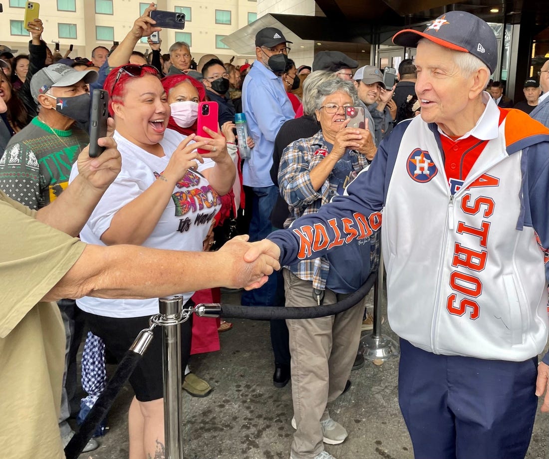 Jim McIngvale, known as Mattress Mack, is greeted by fans outside the newly opened Horseshoe Casino in Westlake, La., on Dec. 12, 2022. McIngvale placed a $1 million cash bet on the Houston Cougars to win the men's Final Four.

Mattress Mack Fans
