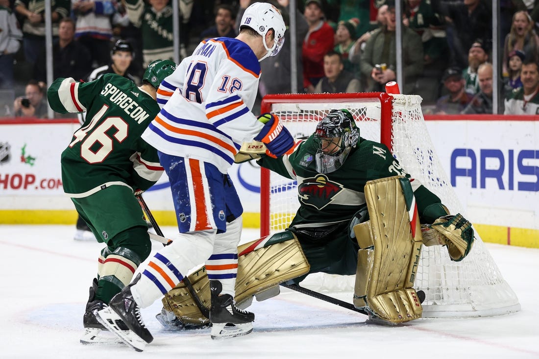 Dec 12, 2022; Saint Paul, Minnesota, USA; Minnesota Wild goaltender Marc-Andre Fleury (29) makes a save against the Edmonton Oilers during the third period at Xcel Energy Center. Mandatory Credit: Matt Krohn-USA TODAY Sports