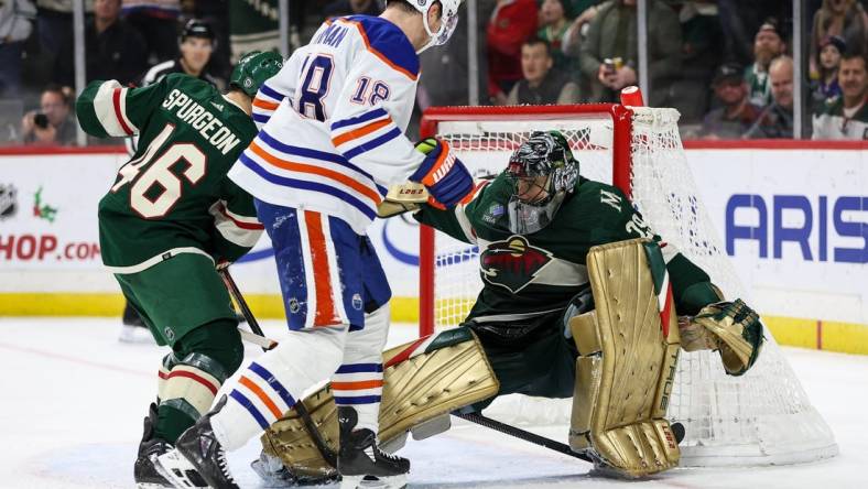 Dec 12, 2022; Saint Paul, Minnesota, USA; Minnesota Wild goaltender Marc-Andre Fleury (29) makes a save against the Edmonton Oilers during the third period at Xcel Energy Center. Mandatory Credit: Matt Krohn-USA TODAY Sports