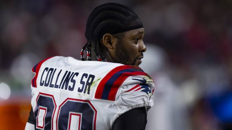 Dec 12, 2022; Glendale, Arizona, USA; New England Patriots linebacker Jamie Collins Sr. (99) against the Arizona Cardinals at State Farm Stadium. Mandatory Credit: Mark J. Rebilas-USA TODAY Sports