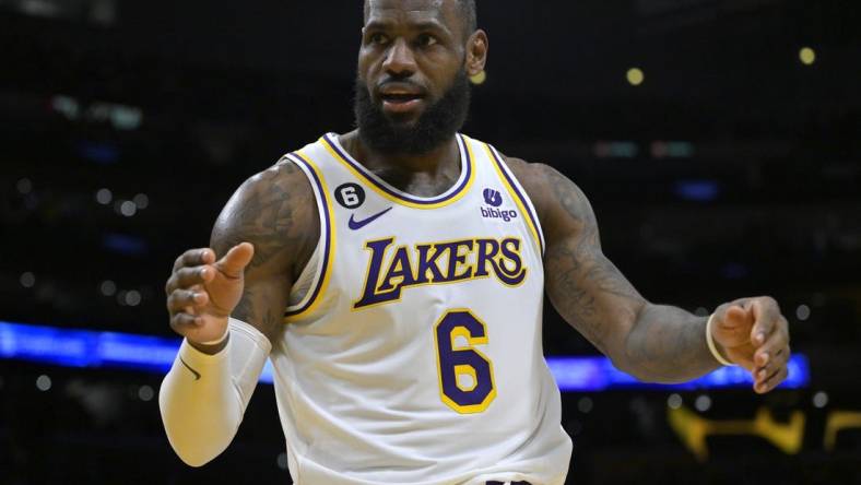 Dec 18, 2022; Los Angeles, California, USA; Los Angeles Lakers forward LeBron James (6) reacts in the first half against the Washington Wizards at Crypto.com Arena. Mandatory Credit: Jayne Kamin-Oncea-USA TODAY Sports