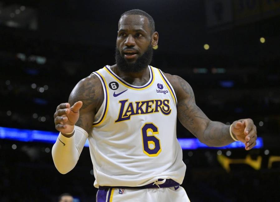 Dec 18, 2022; Los Angeles, California, USA; Los Angeles Lakers forward LeBron James (6) reacts in the first half against the Washington Wizards at Crypto.com Arena. Mandatory Credit: Jayne Kamin-Oncea-USA TODAY Sports