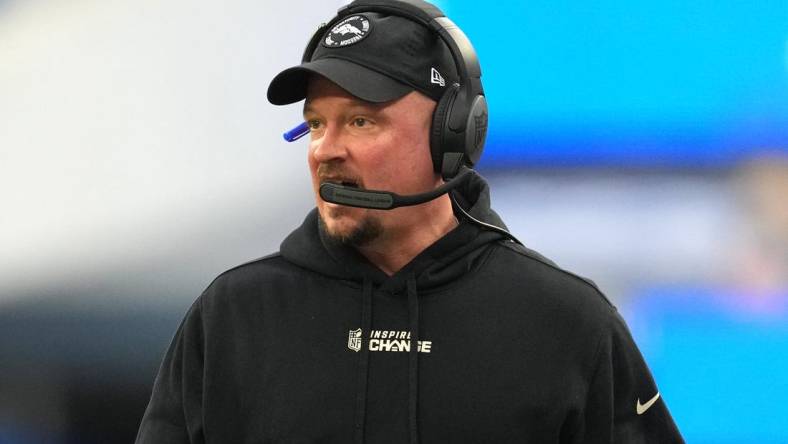 Dec 25, 2022; Inglewood, California, USA; Denver Broncos head coach Nathaniel Hackett reacts in the first half against the Los Angeles Rams at SoFi Stadium. Mandatory Credit: Kirby Lee-USA TODAY Sports