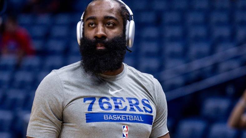 Dec 30, 2022; New Orleans, Louisiana, USA; Philadelphia 76ers guard James Harden (1) during warm ups before the game against the New Orleans Pelicans at Smoothie King Center. Mandatory Credit: Stephen Lew-USA TODAY Sports