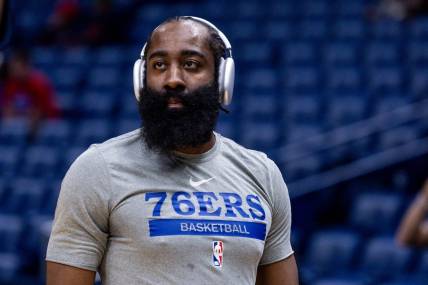 Dec 30, 2022; New Orleans, Louisiana, USA; Philadelphia 76ers guard James Harden (1) during warm ups before the game against the New Orleans Pelicans at Smoothie King Center. Mandatory Credit: Stephen Lew-USA TODAY Sports
