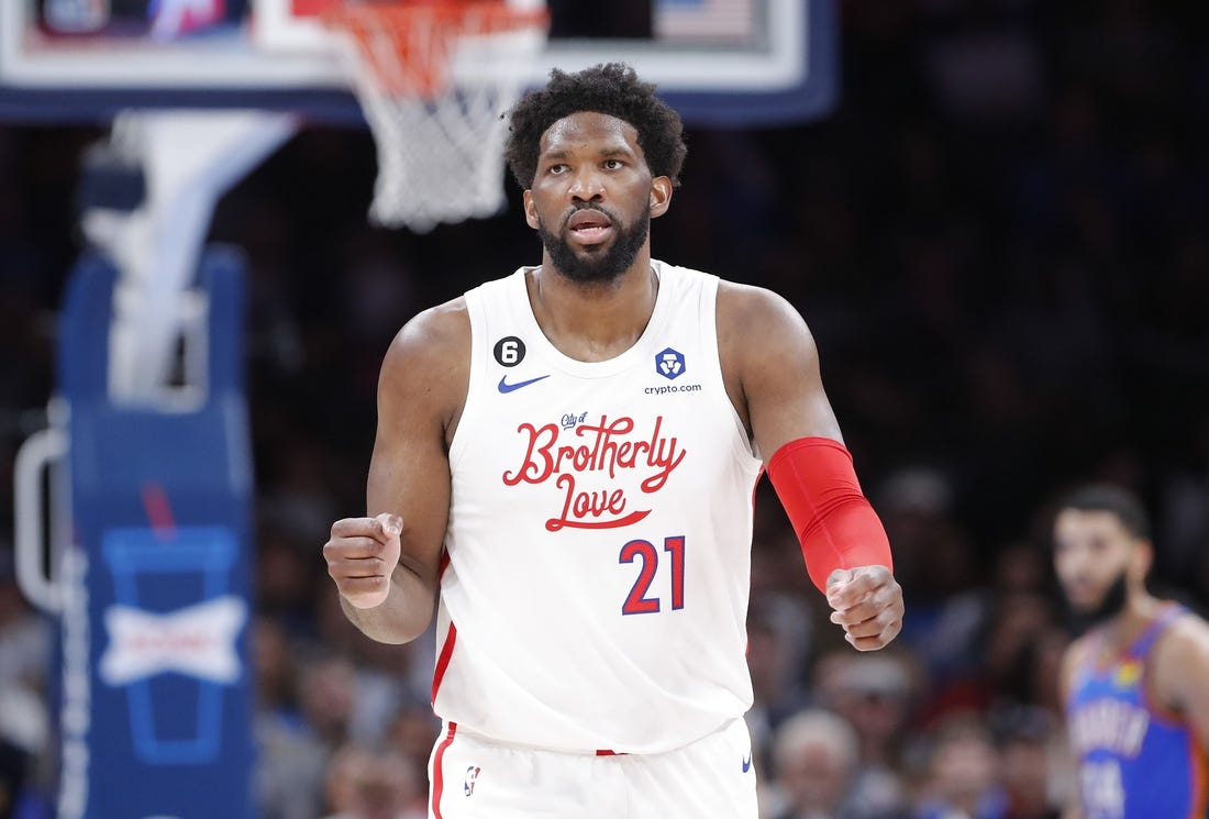 Dec 31, 2022; Oklahoma City, Oklahoma, USA; Philadelphia 76ers center Joel Embiid (21) gestures after a basket against the Oklahoma City Thunder during the second half at Paycom Center. Philadelphia won 115-96. Mandatory Credit: Alonzo Adams-USA TODAY Sports