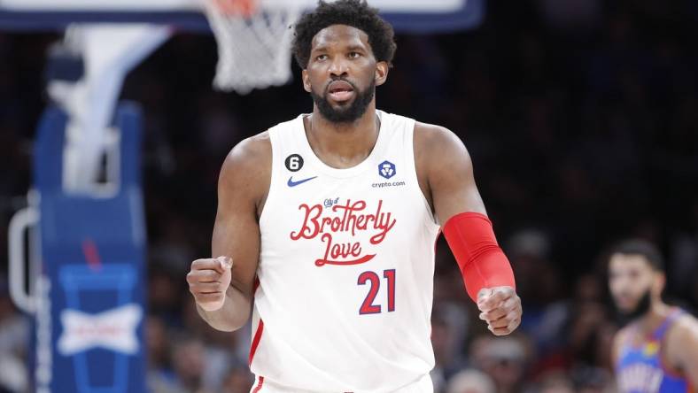 Dec 31, 2022; Oklahoma City, Oklahoma, USA; Philadelphia 76ers center Joel Embiid (21) gestures after a basket against the Oklahoma City Thunder during the second half at Paycom Center. Philadelphia won 115-96. Mandatory Credit: Alonzo Adams-USA TODAY Sports