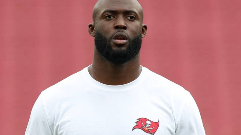 Jan 1, 2023; Tampa, Florida, USA;  Tampa Bay Buccaneers running back Leonard Fournette (7) warms up before a game against the Carolina Panthers at Raymond James Stadium. Mandatory Credit: Nathan Ray Seebeck-USA TODAY Sports