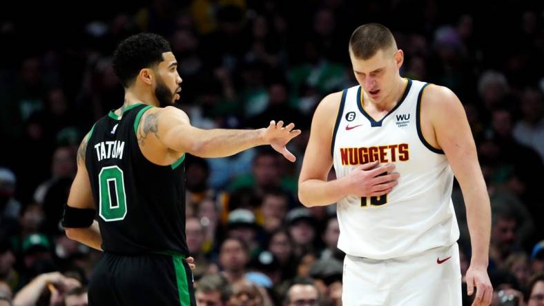 Nikola Jokic (15) and the Nuggets in the West, Jayson Tatum and the Celtics in the East. Any questions? Mandatory Credit: Ron Chenoy-USA TODAY Sports