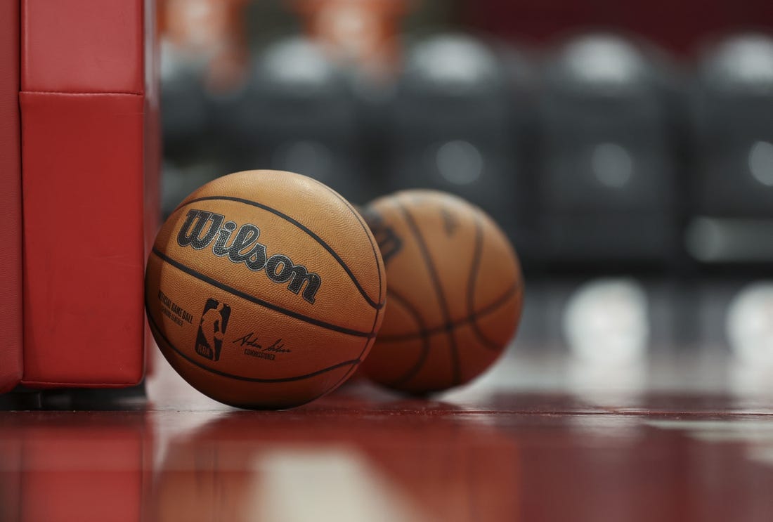 Jan 2, 2023; Houston, Texas, USA; General view of basketballs on the court before the game between the Houston Rockets and the Dallas Mavericks at Toyota Center. Mandatory Credit: Troy Taormina-USA TODAY Sports