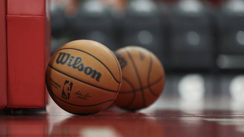 Jan 2, 2023; Houston, Texas, USA; General view of basketballs on the court before the game between the Houston Rockets and the Dallas Mavericks at Toyota Center. Mandatory Credit: Troy Taormina-USA TODAY Sports
