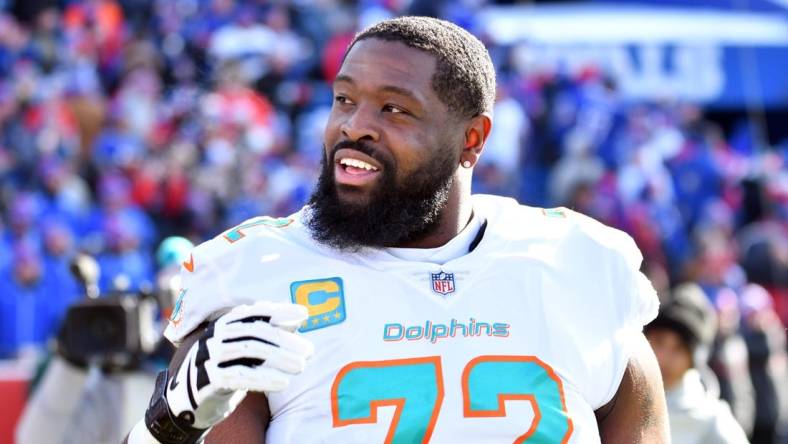 Jan 15, 2023; Orchard Park, NY, USA; Miami Dolphins offensive tackle Terron Armstead before playing against the Buffalo Bills  in a NFL wild card game at Highmark Stadium. Mandatory Credit: Mark Konezny-USA TODAY Sports