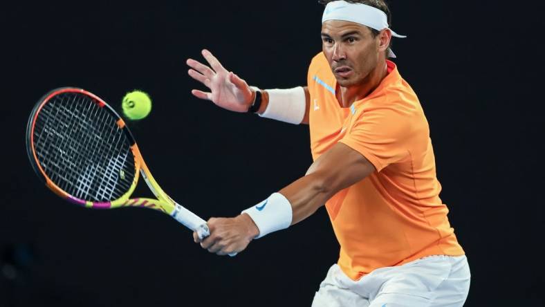 Jan 18, 2023; Melbourne, VICTORIA, Australia; Rafael Nadal during his second round match against Mackenzie Mcdonald on day three of the 2023 Australian Open tennis tournament at Melbourne Park. Mandatory Credit: Mike Frey-USA TODAY Sports