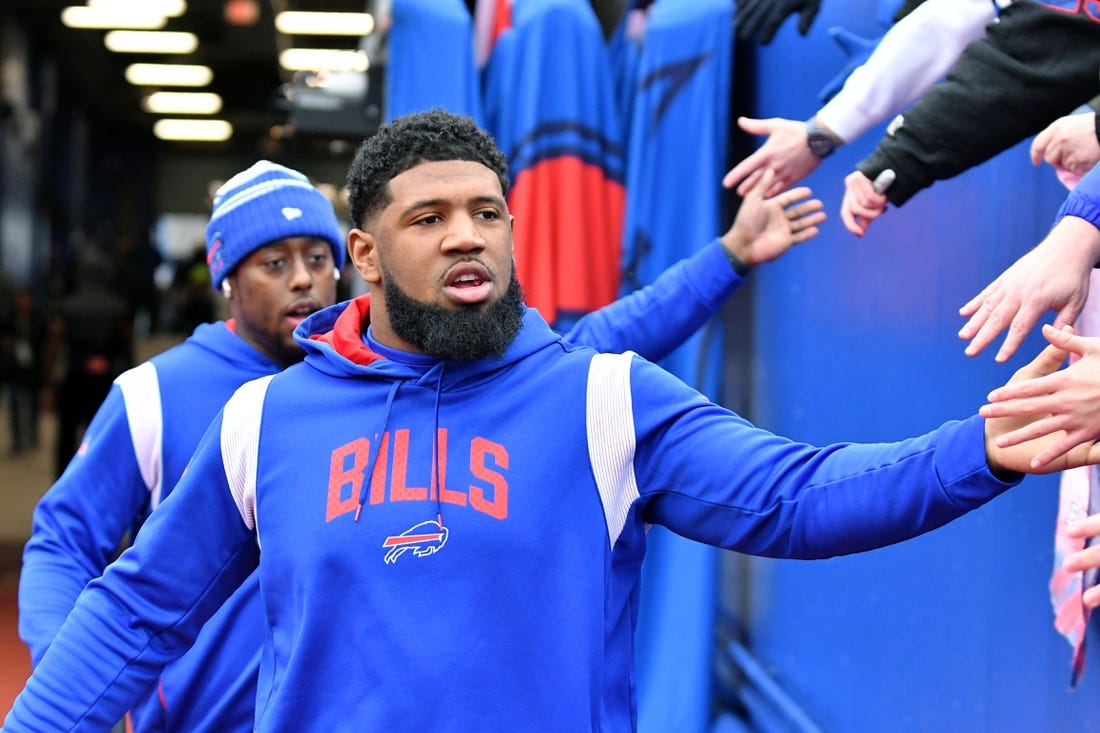 Jan 22, 2023; Orchard Park, New York, USA; Buffalo Bills defensive tackle Ed Oliver (91) high fives fans before an AFC divisional round game between the Buffalo Bills and the Cincinnati Bengals at Highmark Stadium. Mandatory Credit: Mark Konezny-USA TODAY Sports