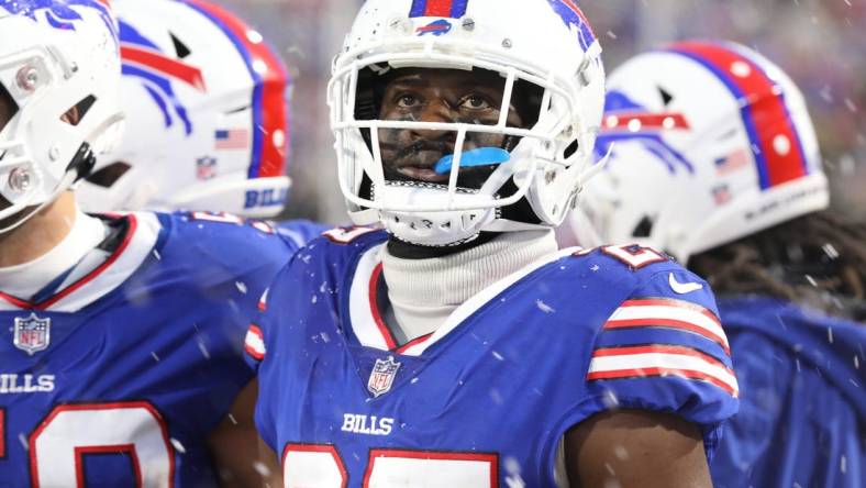 Buffalo Bills Tre'Davious White looks at the video display screen showing the play as his team takes on the Cincinnati Bengals at home in Orchard Park on Jan. 22.  The Bills lost 27-10 in their playoff game.

Buffalo Bills Tredavious White