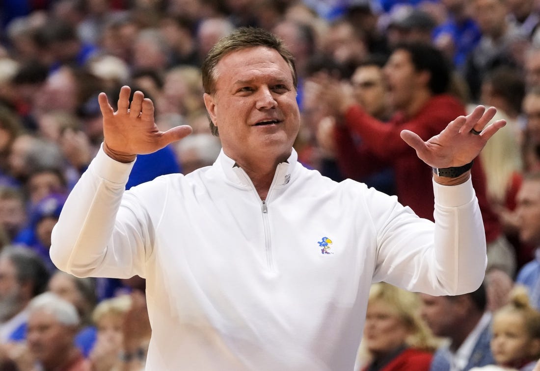 Jan 31, 2023; Lawrence, Kansas, USA; Kansas Jayhawks head coach Bill Self reacts during the first half against the Kansas State Wildcats at Allen Fieldhouse. Mandatory Credit: Jay Biggerstaff-USA TODAY Sports