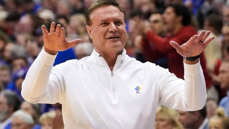 Jan 31, 2023; Lawrence, Kansas, USA; Kansas Jayhawks head coach Bill Self reacts during the first half against the Kansas State Wildcats at Allen Fieldhouse. Mandatory Credit: Jay Biggerstaff-USA TODAY Sports