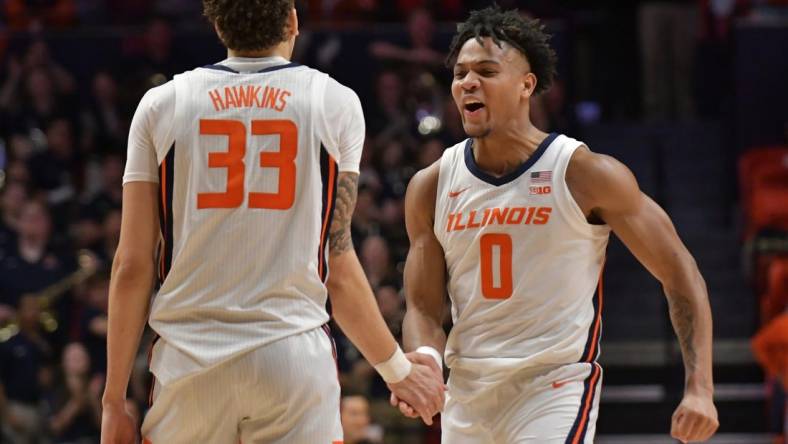 Returning starters for the No. 25 Illinois Fighting Illini, forward Coleman Hawkins (33) and Terrence Shannon Jr. (0) expect big things this season. Mandatory Credit: Ron Johnson-USA TODAY Sports