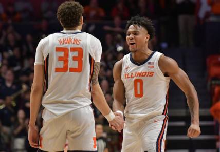 Returning starters for the No. 25 Illinois Fighting Illini, forward Coleman Hawkins (33) and Terrence Shannon Jr. (0) expect big things this season. Mandatory Credit: Ron Johnson-USA TODAY Sports