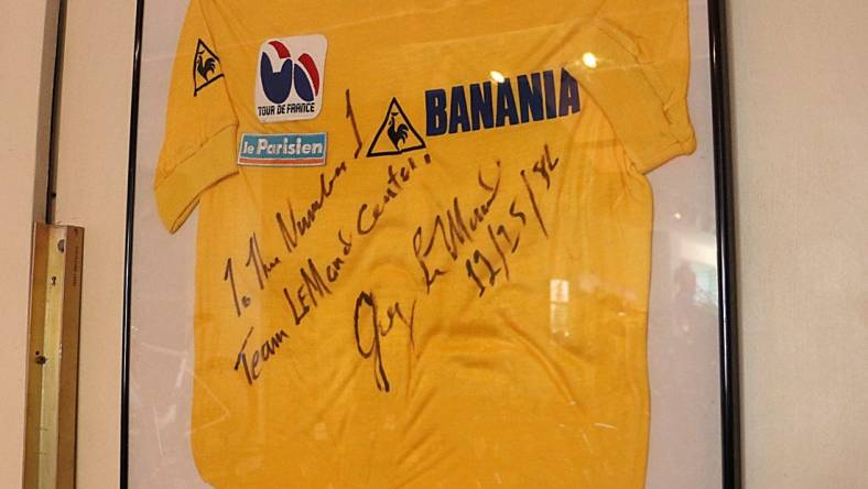 A signed yellow jersey awarded to legendary american cyclist Greg Lemond in the Tour de France is seen in College Cyclery in Midtown Reno on Feb. 8, 2023. The store recently celebrated its 50th anniversary of being in business.

Ren College Cyclery 04