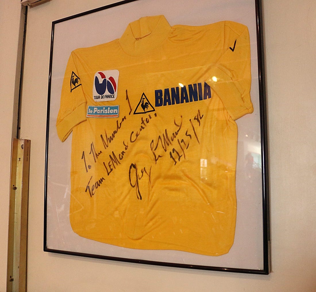 A signed yellow jersey awarded to legendary american cyclist Greg Lemond in the Tour de France is seen in College Cyclery in Midtown Reno on Feb. 8, 2023. The store recently celebrated its 50th anniversary of being in business.

Ren College Cyclery 04