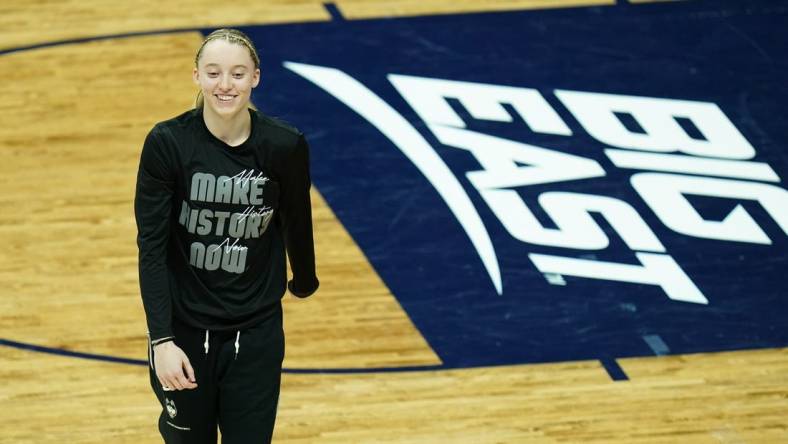 Feb 15, 2023; Storrs, Connecticut, USA; UConn Huskies guard Paige Bueckers (5) on the court as her team warms up before the start of the game the Creighton Bluejays at Harry A. Gampel Pavilion. Mandatory Credit: David Butler II-USA TODAY Sports