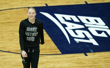Feb 15, 2023; Storrs, Connecticut, USA; UConn Huskies guard Paige Bueckers (5) on the court as her team warms up before the start of the game the Creighton Bluejays at Harry A. Gampel Pavilion. Mandatory Credit: David Butler II-USA TODAY Sports