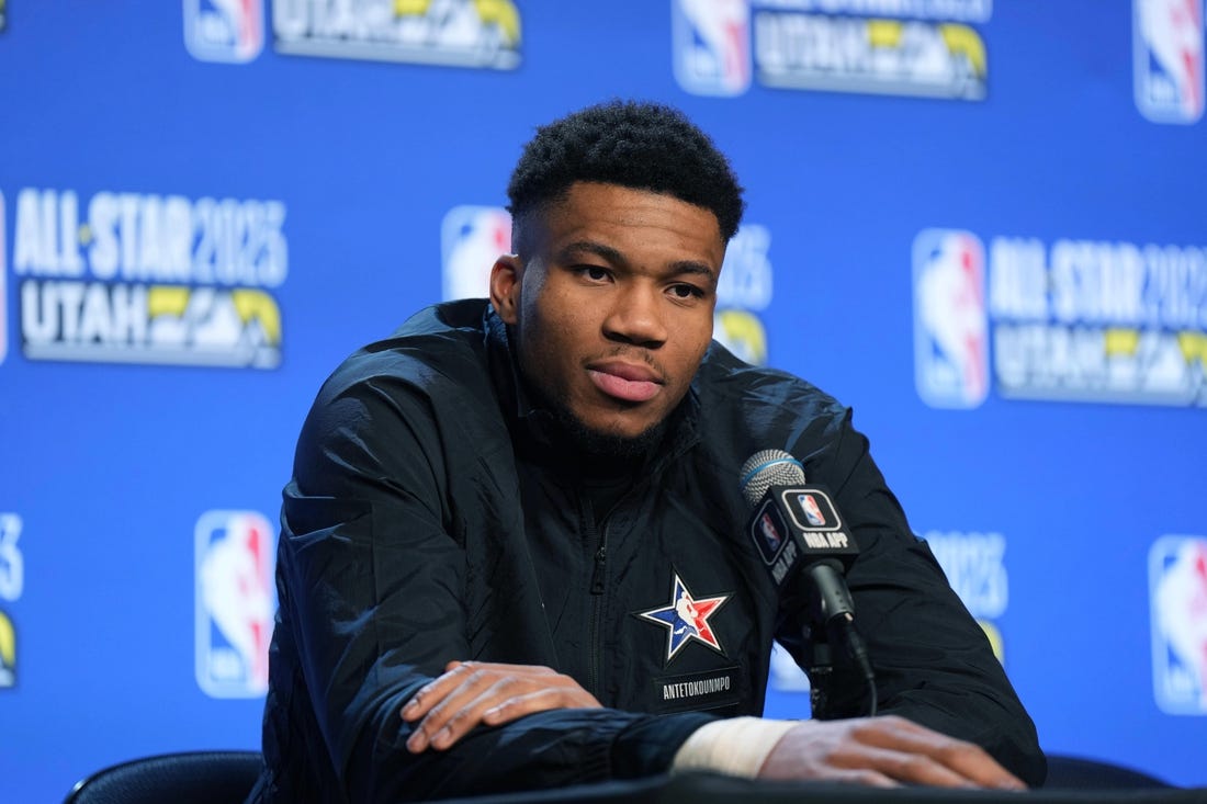 Feb 19, 2023; Salt Lake City, UT, USA; Milwaukee Bucks forward Giannis Antetokounmpo at press conference at the 2023 NBA All-Star Game at Vivint Arena. Mandatory Credit: Kirby Lee-USA TODAY Sports