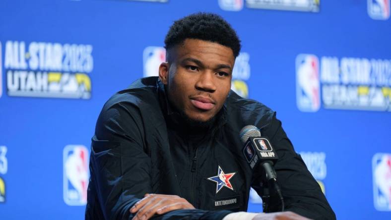 Feb 19, 2023; Salt Lake City, UT, USA; Milwaukee Bucks forward Giannis Antetokounmpo at press conference at the 2023 NBA All-Star Game at Vivint Arena. Mandatory Credit: Kirby Lee-USA TODAY Sports