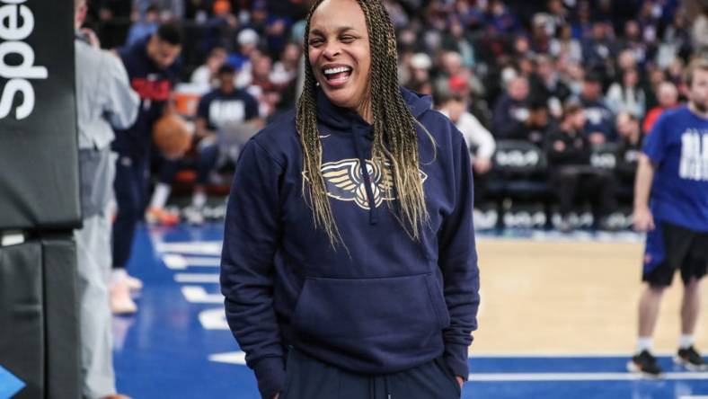 Feb 25, 2023; New York, New York, USA; New Orleans Pelicans Assistant Coach Teresa Weatherspoon during warmups New York Knicks at Madison Square Garden. Mandatory Credit: Wendell Cruz-USA TODAY Sports