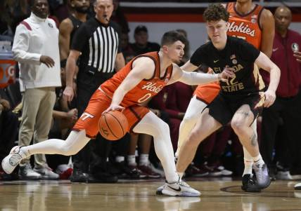Mar 4, 2023; Blacksburg, Virginia, USA;Virginia Tech Hokies guard Hunter Cattoor (0) dribbles the ball against Florida State Seminoles guard Tom House (12) in the first half at Cassell Coliseum. Mandatory Credit: Lee Luther Jr.-USA TODAY Sports