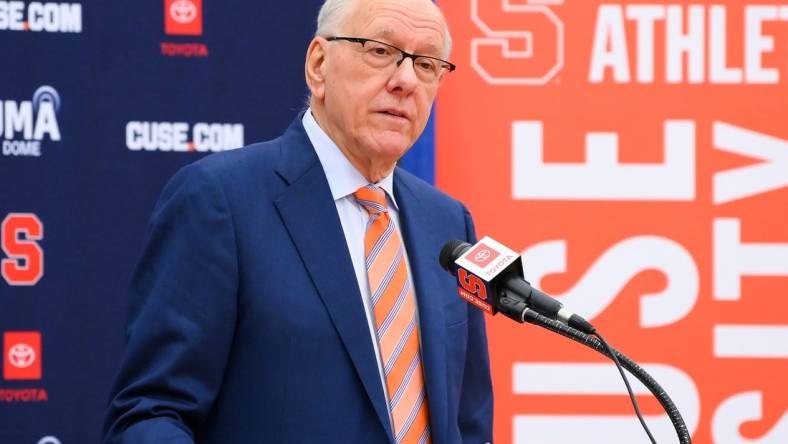 Mar 10, 2023; Syracuse, New York, USA; Former Syracuse Orange head coach Jim Boeheim speaks during a press conference at the Carmelo K. Anthony Basketball Center. Mandatory Credit: Rich Barnes-USA TODAY Sports