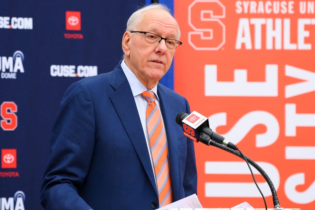 Mar 10, 2023; Syracuse, New York, USA; Former Syracuse Orange head coach Jim Boeheim speaks during a press conference at the Carmelo K. Anthony Basketball Center. Mandatory Credit: Rich Barnes-USA TODAY Sports