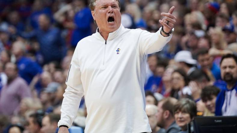 Feb 25, 2023; Lawrence, Kansas, USA; Kansas Jayhawks head coach Bill Self gestures toward an official against the West Virginia Mountaineers during the game at Allen Fieldhouse. Mandatory Credit: Denny Medley-USA TODAY Sports