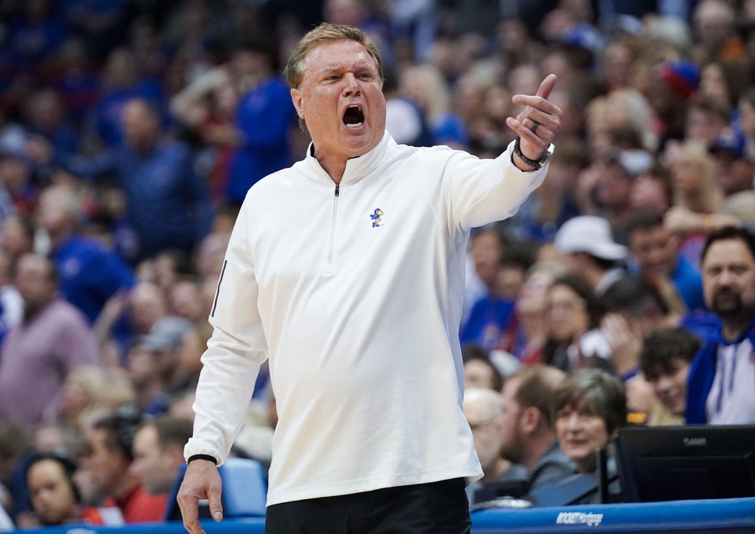 Feb 25, 2023; Lawrence, Kansas, USA; Kansas Jayhawks head coach Bill Self gestures toward an official against the West Virginia Mountaineers during the game at Allen Fieldhouse. Mandatory Credit: Denny Medley-USA TODAY Sports