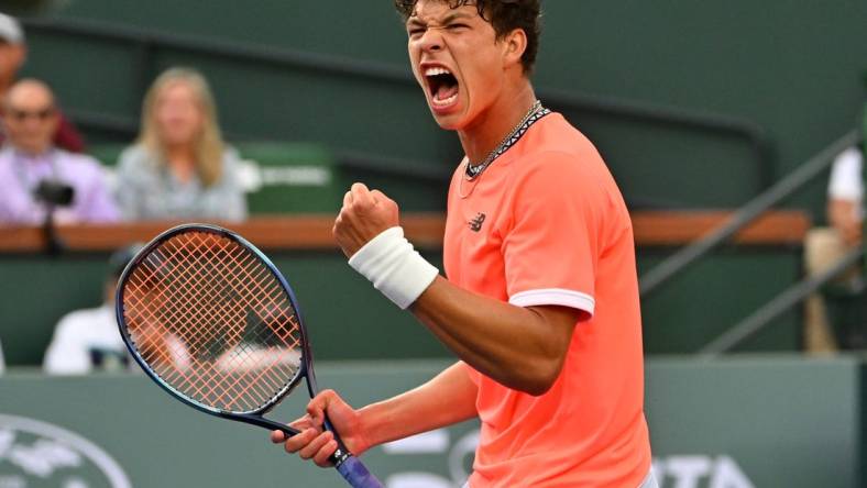 Mar 11, 2023; Indian Wells, CA, USA;  Ben Shelton (USA) reacts after a winning shot in his second round match against Taylor Fritz (USA) in the BNP Paribas Open at the Indian Wells Tennis Garden. Mandatory Credit: Jayne Kamin-Oncea-USA TODAY Sports