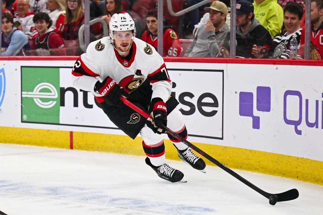 Mar 6, 2023; Chicago, Illinois, USA;  Ottawa Senators defenseman Thomas Chabot (72) skates against the Chicago Blackhawks at United Center. Mandatory Credit: Jamie Sabau-USA TODAY Sports