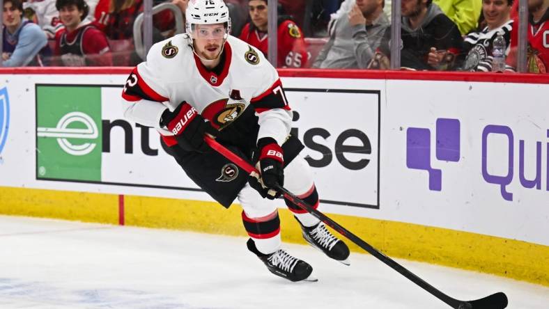 Mar 6, 2023; Chicago, Illinois, USA;  Ottawa Senators defenseman Thomas Chabot (72) skates against the Chicago Blackhawks at United Center. Mandatory Credit: Jamie Sabau-USA TODAY Sports