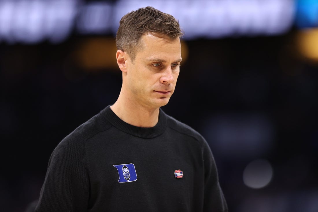 Mar 18, 2023; Orlando, FL, USA;  Duke Blue Devils head coach Jon Scheyer reacts against the Tennessee Volunteers during the first half in the second round of the 2023 NCAA Tournament at Legacy Arena. Mandatory Credit: Matt Pendleton-USA TODAY Sports