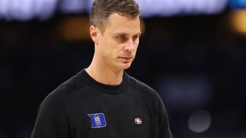 Mar 18, 2023; Orlando, FL, USA;  Duke Blue Devils head coach Jon Scheyer reacts against the Tennessee Volunteers during the first half in the second round of the 2023 NCAA Tournament at Legacy Arena. Mandatory Credit: Matt Pendleton-USA TODAY Sports