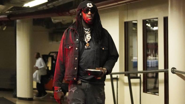 Mar 22, 2023; Chicago, Illinois, USA; Philadelphia 76ers center Montrezl Harrell enters the building before the game against the Chicago Bulls at United Center. Mandatory Credit: David Banks-USA TODAY Sports