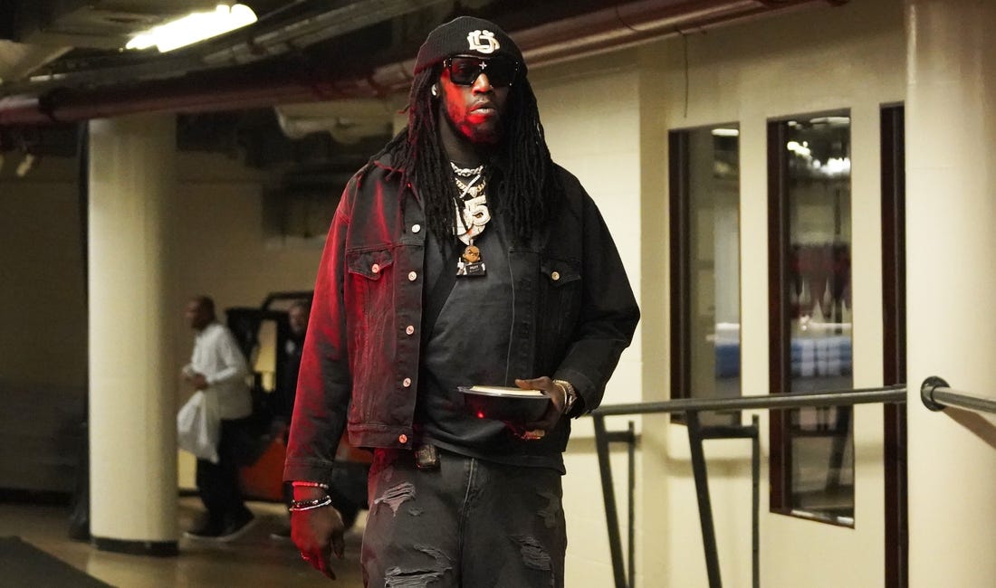 Mar 22, 2023; Chicago, Illinois, USA; Philadelphia 76ers center Montrezl Harrell enters the building before the game against the Chicago Bulls at United Center. Mandatory Credit: David Banks-USA TODAY Sports