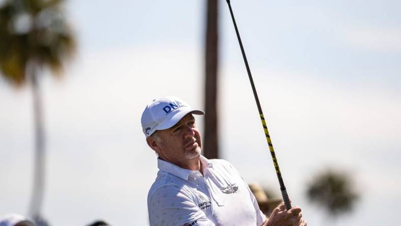 Rod Pampling tees off on one during the second round of the Galleri Classic in Rancho Mirage, Calif., Saturday, March 25, 2023.