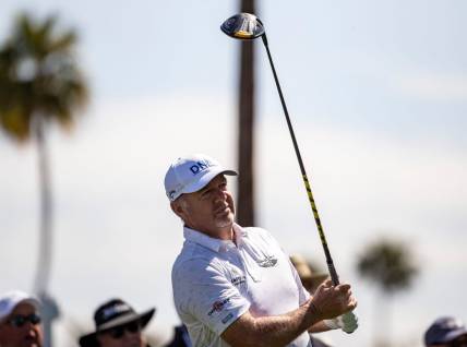 Rod Pampling tees off on one during the second round of the Galleri Classic in Rancho Mirage, Calif., Saturday, March 25, 2023.