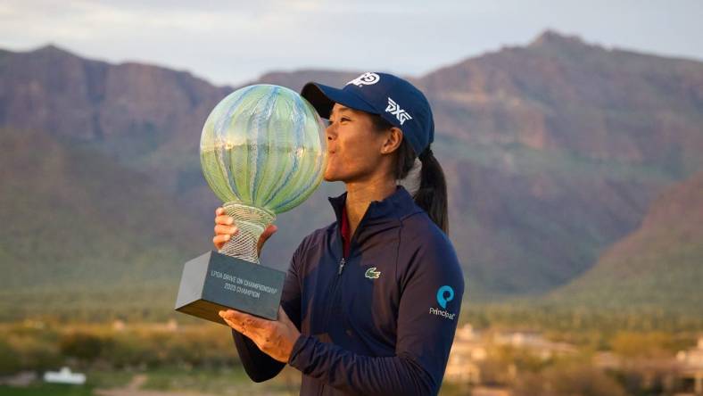 Celine Boutier kisses her trophy to celebrate her win in the LPGA Drive On Championship on the Prospector Course at Superstition Mountain Golf and Country Club in Gold Canyon on March 26, 2023.

Lpga At Superstition Mountain Final Round