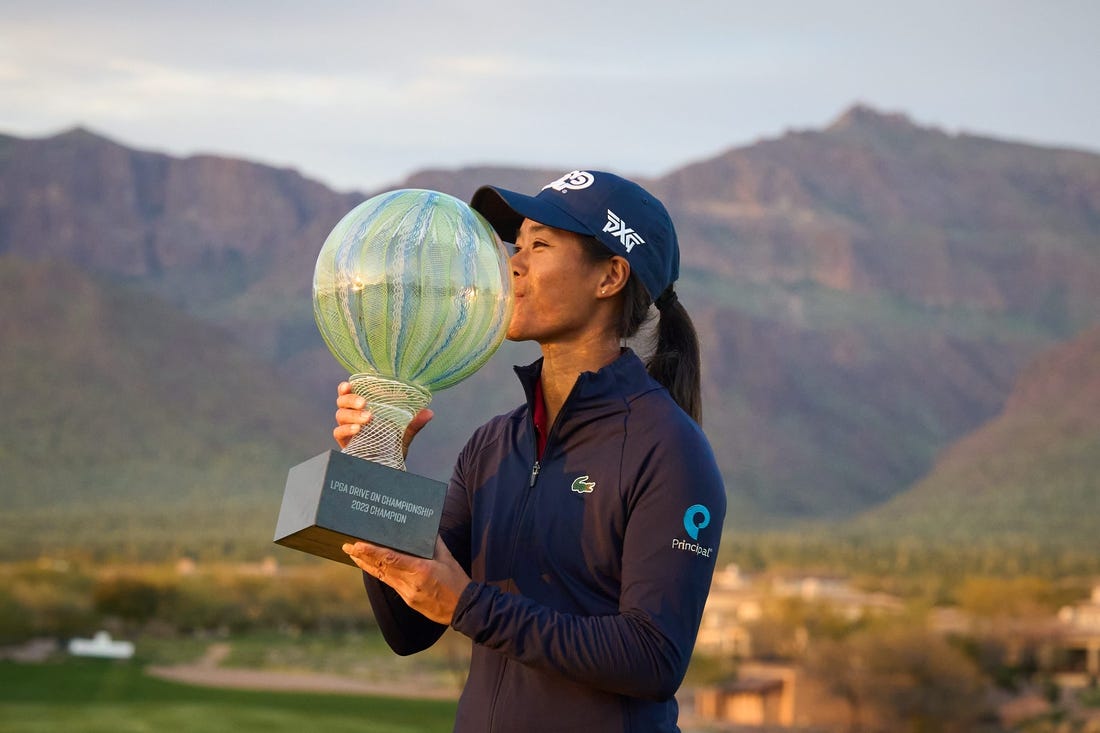 Celine Boutier kisses her trophy to celebrate her win in the LPGA Drive On Championship on the Prospector Course at Superstition Mountain Golf and Country Club in Gold Canyon on March 26, 2023.

Lpga At Superstition Mountain Final Round