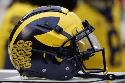 Apr 1, 2023; Ann Arbor, MI, USA;   Michigan Wolverines helmet on the sideline during the Spring Game at Michigan Stadium. Mandatory Credit: Rick Osentoski-USA TODAY Sports