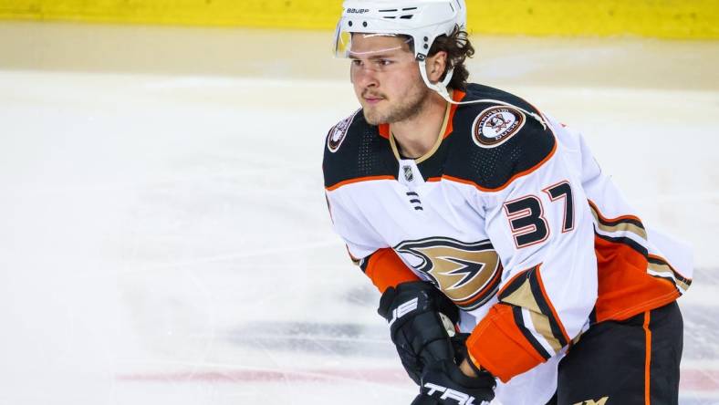 Apr 2, 2023; Calgary, Alberta, CAN; Anaheim Ducks center Mason McTavish (37) skates during the warmup period against the Calgary Flames at Scotiabank Saddledome. Mandatory Credit: Sergei Belski-USA TODAY Sports