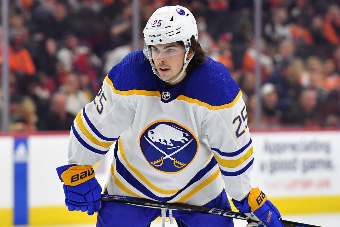 Apr 1, 2023; Philadelphia, Pennsylvania, USA; Buffalo Sabres defenseman Owen Power (25) against the Philadelphia Flyers at Wells Fargo Center. Mandatory Credit: Eric Hartline-USA TODAY Sports